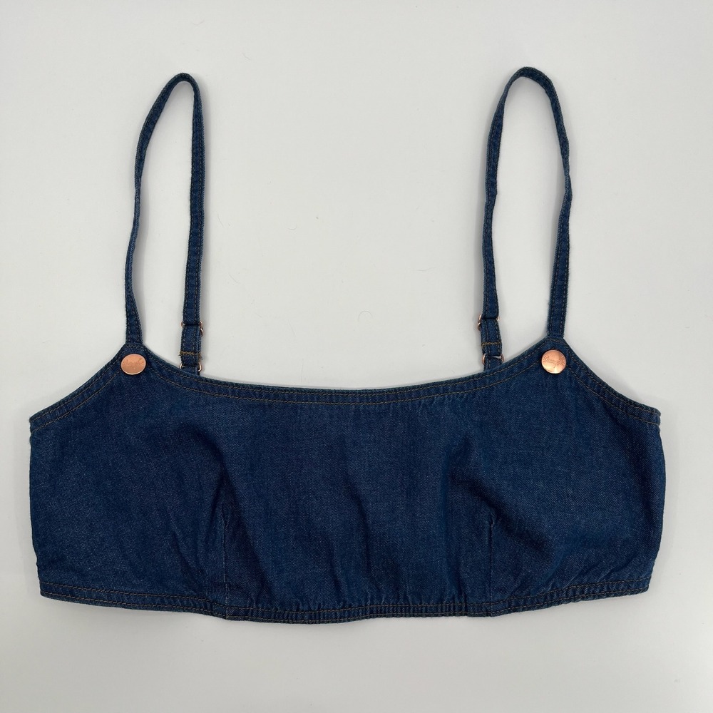 Wrangler x STAUD Crop Top Womens L Blue Denim Bralette Bikini Top Rose Gold Snap
